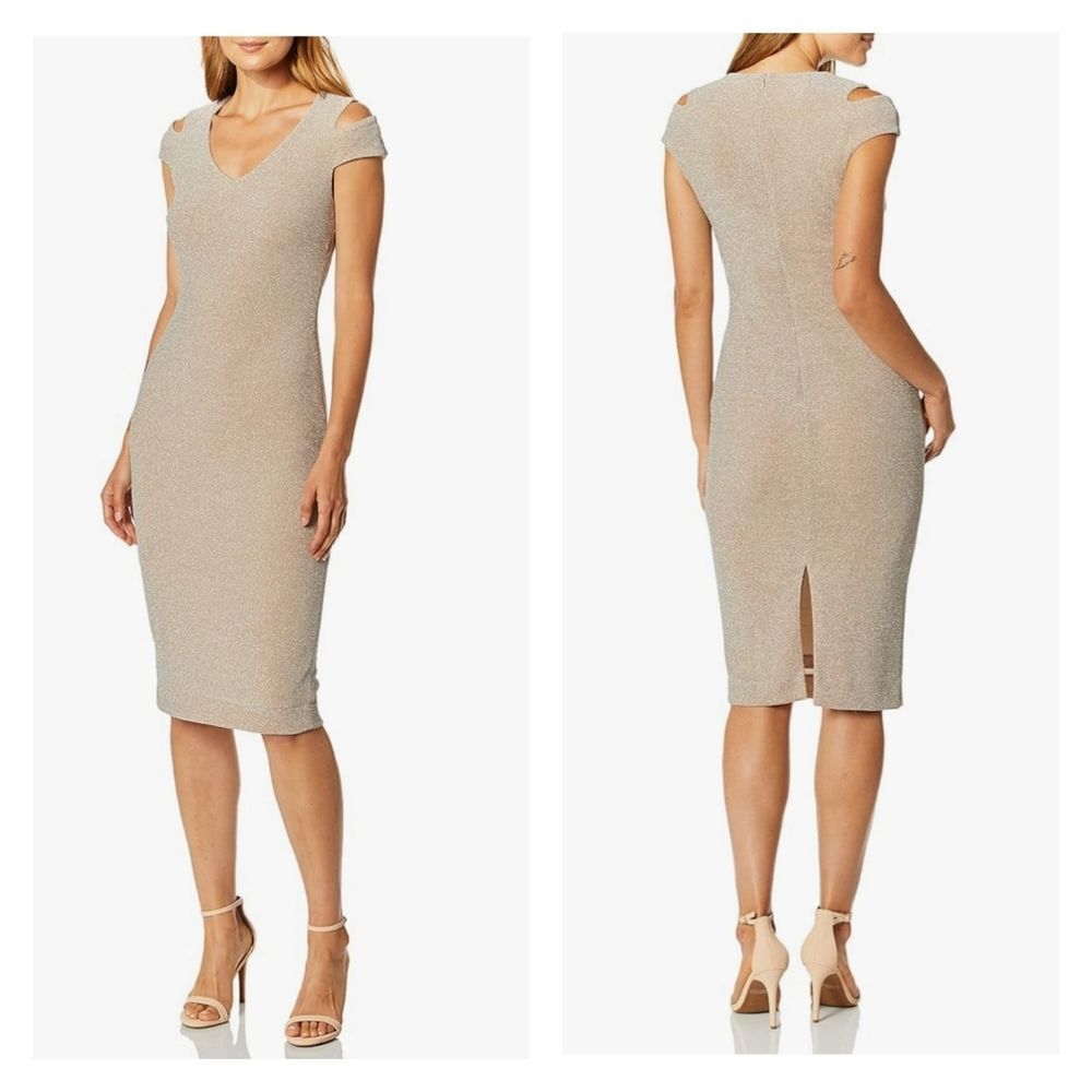 Dress The Population Bryce Bodycon Metallic Stretchy Knit Cutout Shoulder Dress
